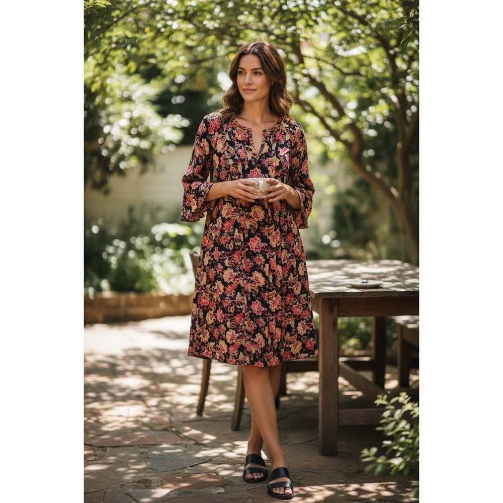 Chris McLaughlin Womens Floral Bell Sleeve Ruffle Collar Shift Dress Size 4